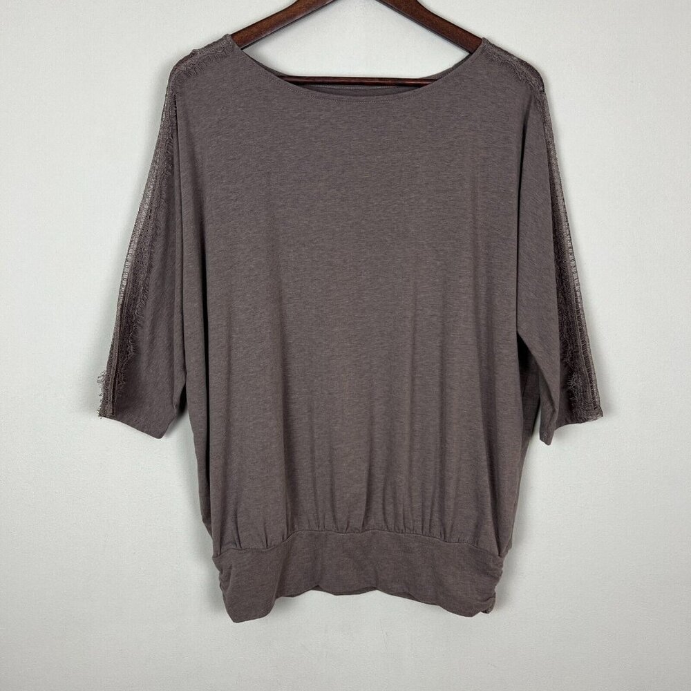 Garnet Hill Top Womens Large Taupe Dolman Lace Sleeve Organic‎ Cotton Tencel L